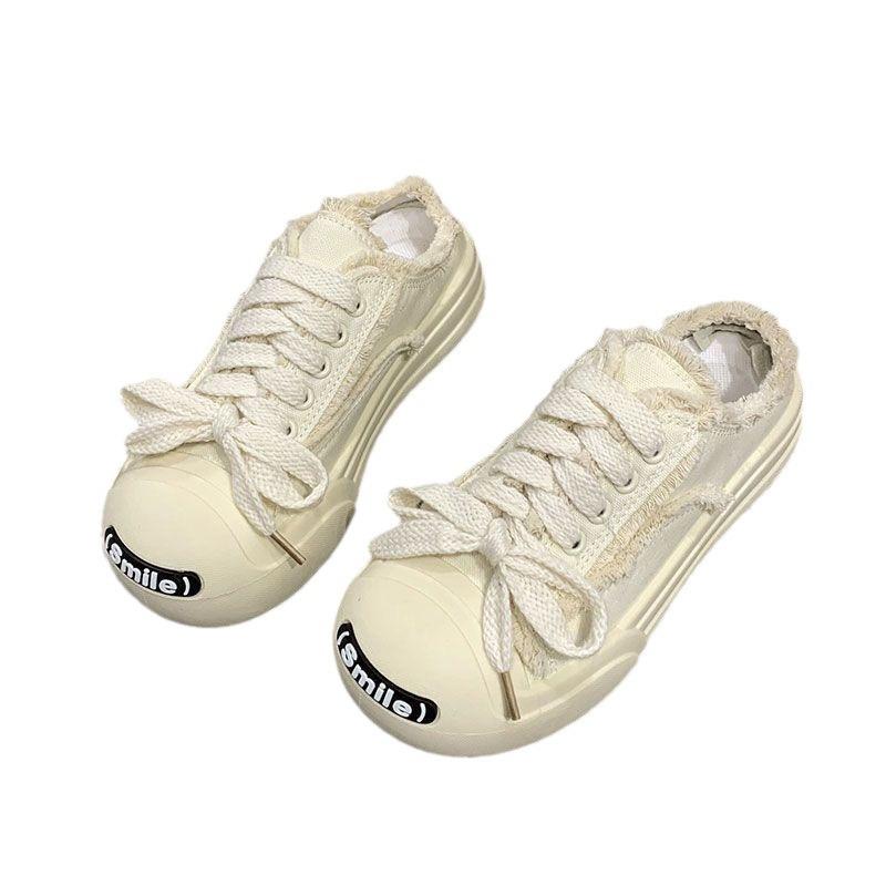 Открытая улыбка полулоток мешок голова маленькие белые парусиновые туфли женские летние 2024 новые универсальные ленивые повседневные классные тапочки на толстой подошве