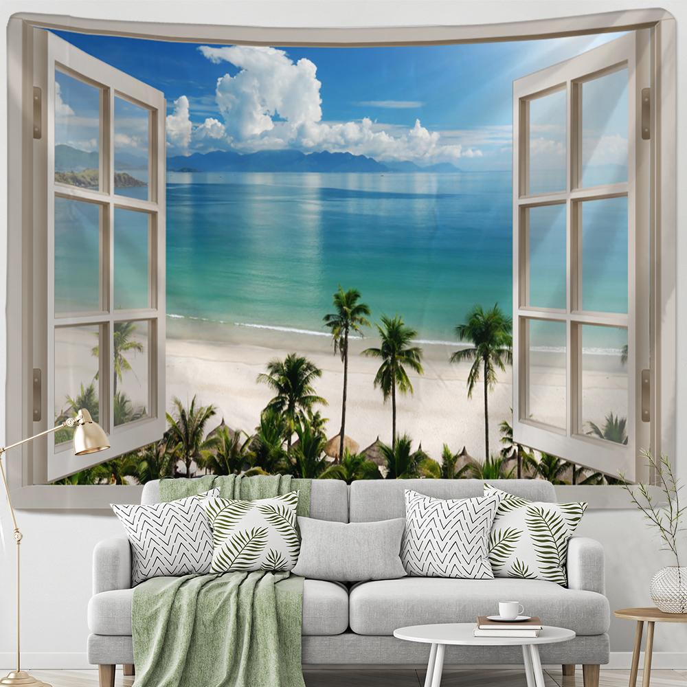 Окно Вид на Лес Гобелен Настенное Полиэстеровое Одеяло Психоделический Хиппи Бохо Стиль Декор Гостиной