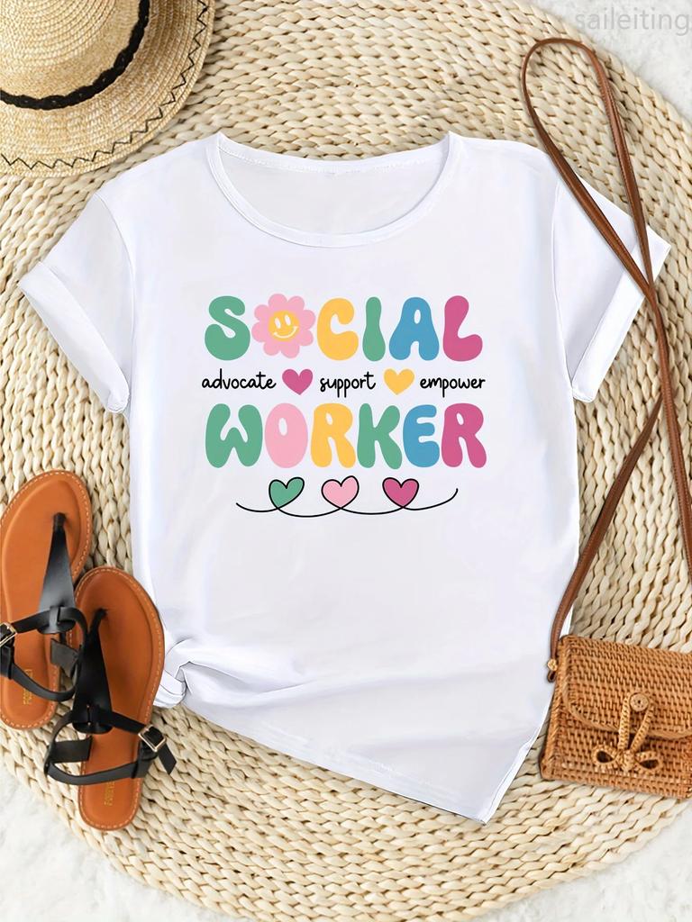 Unisexs Social Worker Print Comfort Fit Short Sleeve Fashion Breathable Casual Summer Short Sleeved Harajuku Streetwear Tops Tee