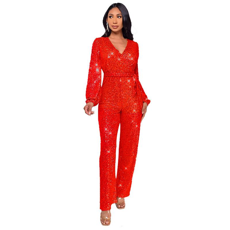 Sparkly Jumpsuits For Women Dressy Formal Plus Size Long Sleeve Sequin Party Rompers Sexy V Neck Wide Leg Pants Suit