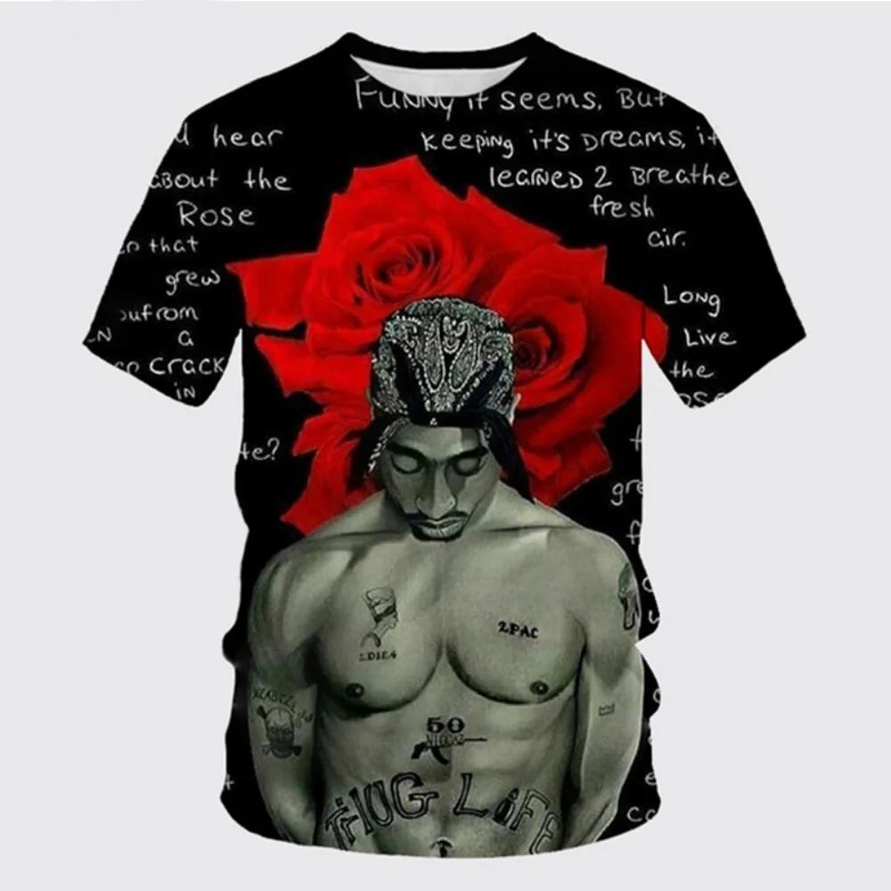 Fashionable 2pac Pattern 3D Printed Hip-hop Men's Clothing Summer Casual Fashion Round Neck Top Street Trend Harajuku Short Sleeved T-shirt
