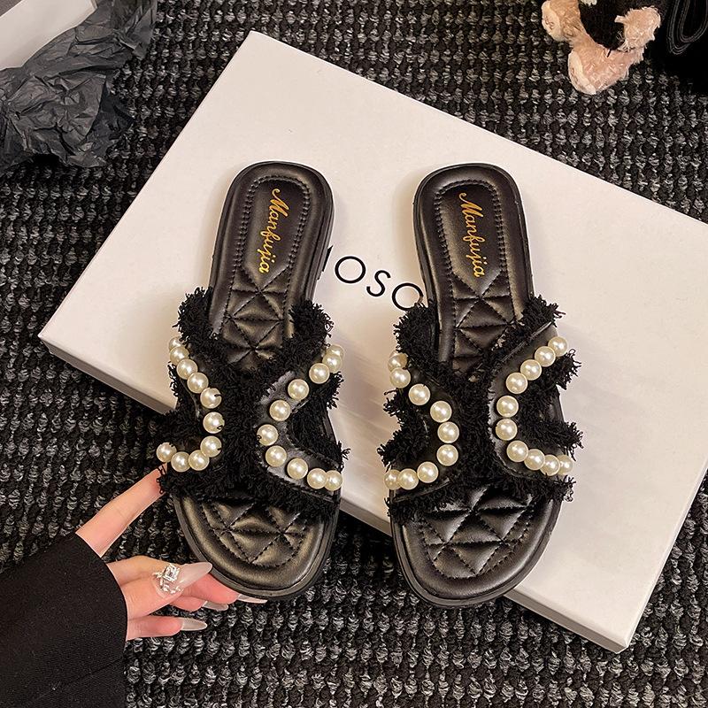 Xiaoxiangfeng классные тапочки женские летние 2025 года корейская версия новая верхняя одежда в стиле феи женские модные тапочки с бисером на плоской подошве