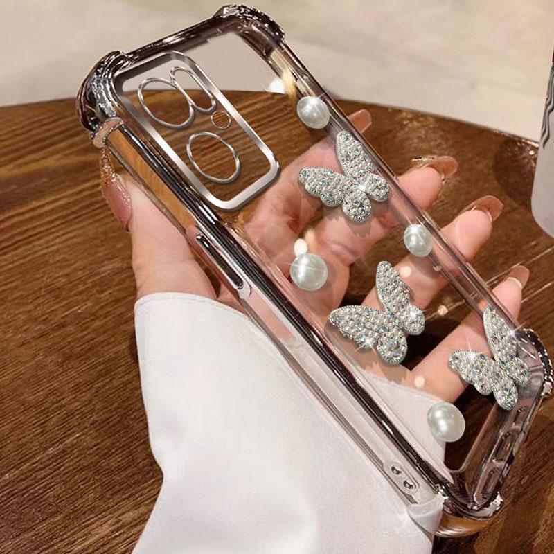 Realme14 5G Pearl Butterfly Bracelet Shockproof Plating Case For OPPO Reno 12F 13F 12 Pro A16 A5 A9 A53 2020 A54S A53S A76 Cover