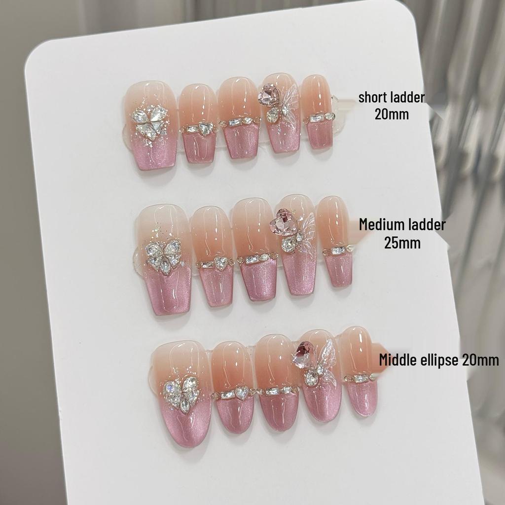Yihe Gradient Cat Eye French Diamond-Styled Spring/Summer Medium Handmade Nails