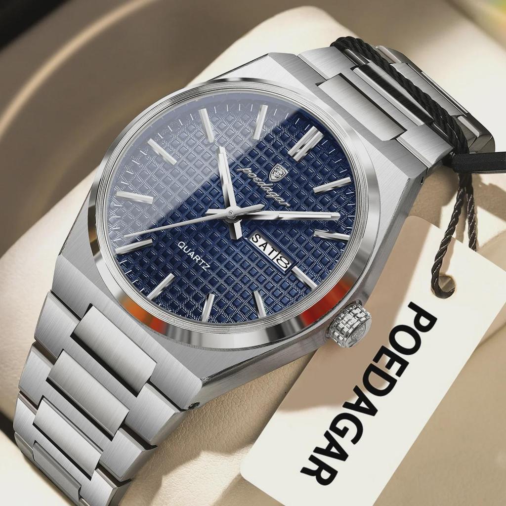 POEDAGAR Роскошные мужские часы Дата Неделя Водонепроницаемые Светящиеся Часы из Нержавеющей Стали Для Мужчин Повседневные Кварцевые Мужские Часы