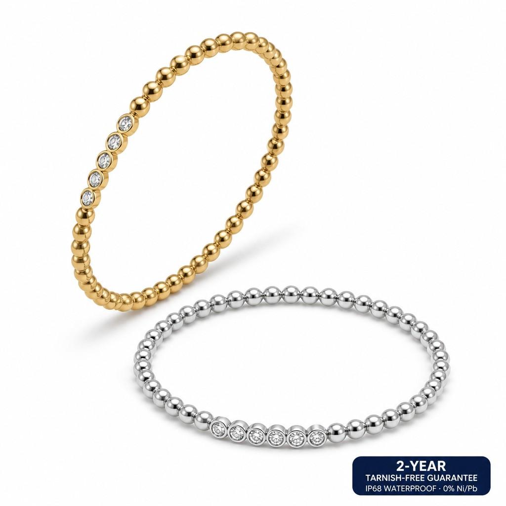 Ready to Ship18K Gold Plated Luxury Zircon Stainless Steel Anti Tarnish Jewelry Bead Fashion Bangle Bracelet for Women