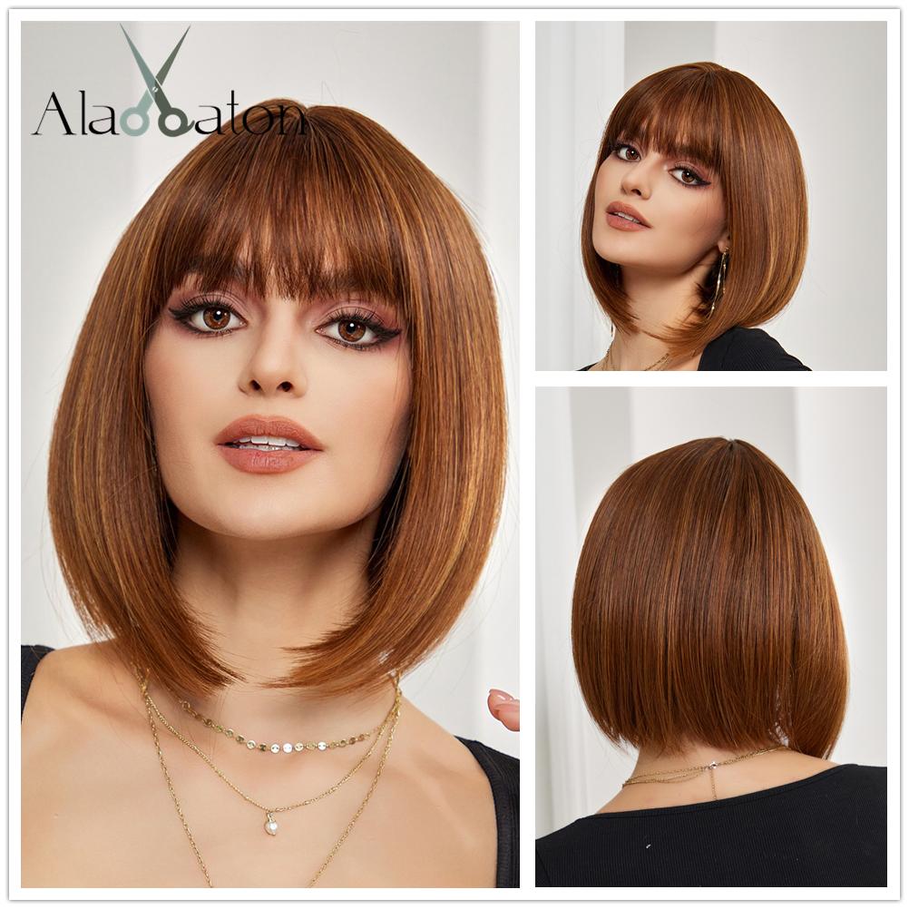 ALAN EATON Черный золотистый боб с челкой, короткий прямой парик, натуральный разноцветный волос для женщин, повседневный синтетический парик для вечеринок