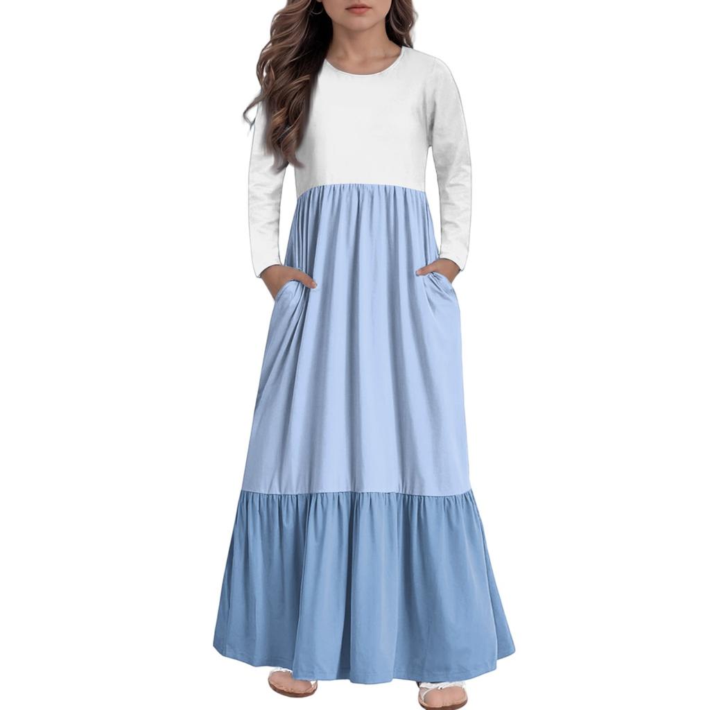 Girls' Maxi Dress Casual Holiday Dresses - Long Sleeve Dress With Pockets For 4-14Y