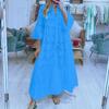 Elegant Solid Color Embroidery Lace Maxi Dress V-neck 3/4 Flared Sleeve Hollow Out Flower Pattern Buttons Half Placket Ruffle Stitching Hem Dress