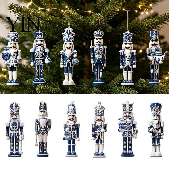 Hand Painted Wooden Soldier Pendants Blue And White Ceramics Style Nutcracker for Christmas Tree Fireplace Holiday Pendant Decor Decoration,