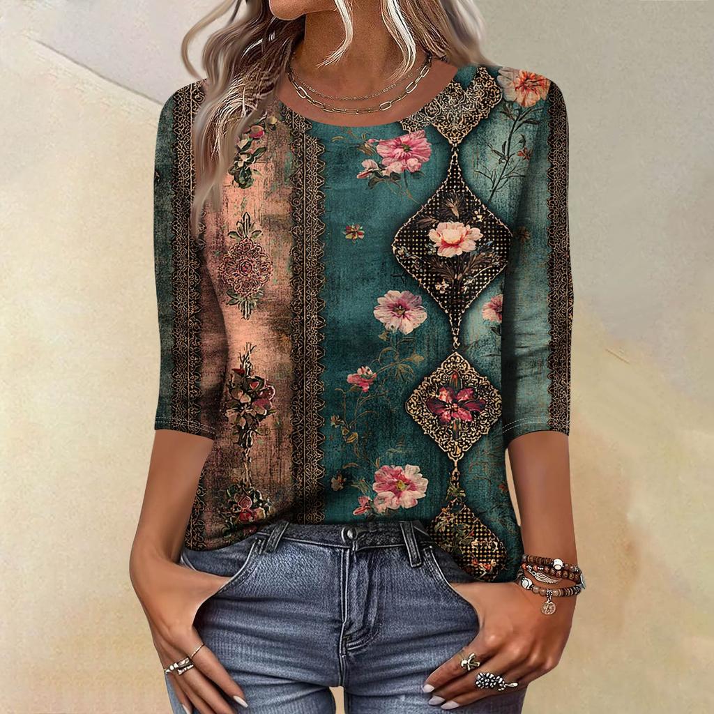 Модный винтажный топ с рукавом три четверти для женщин, женская повседневная блузка-футболка с круглым вырезом и принтом