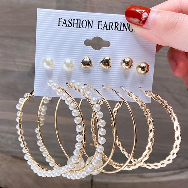 12PCS 17KM Fashion Pearl Hoop Earrings Set for Women Geometirc Gold Metal Circle Hoop Earrings Brincos 2021 Trend Jewelry Gift