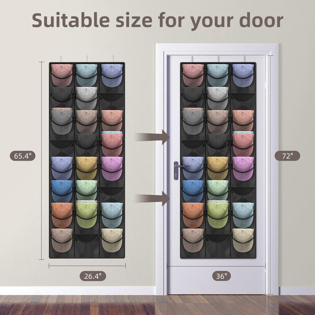 24 grid deep pocket baseball cap storage rack door hanging adjustable 3 hook hat finishing bag Black