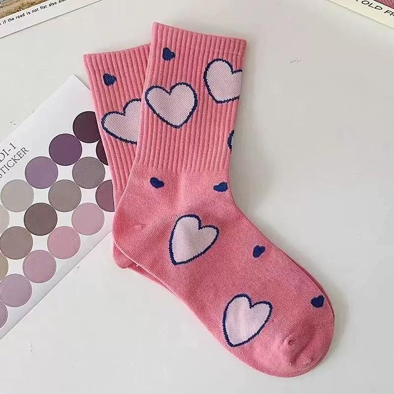 5/10 пар женских носков средней длины с мультяшным принтом, модные носки с надписями и мелким цветочным принтом, розовые с вишней и сердечками, мягкие, удобные, повседневные носки