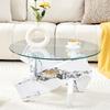 Multi-Color Optional MDF + Glass Round Coffee Table: White Imitation Marble Patterned Support Legs, 79cm Diameter, 0.8cm Thick Tempered Glass Surface.