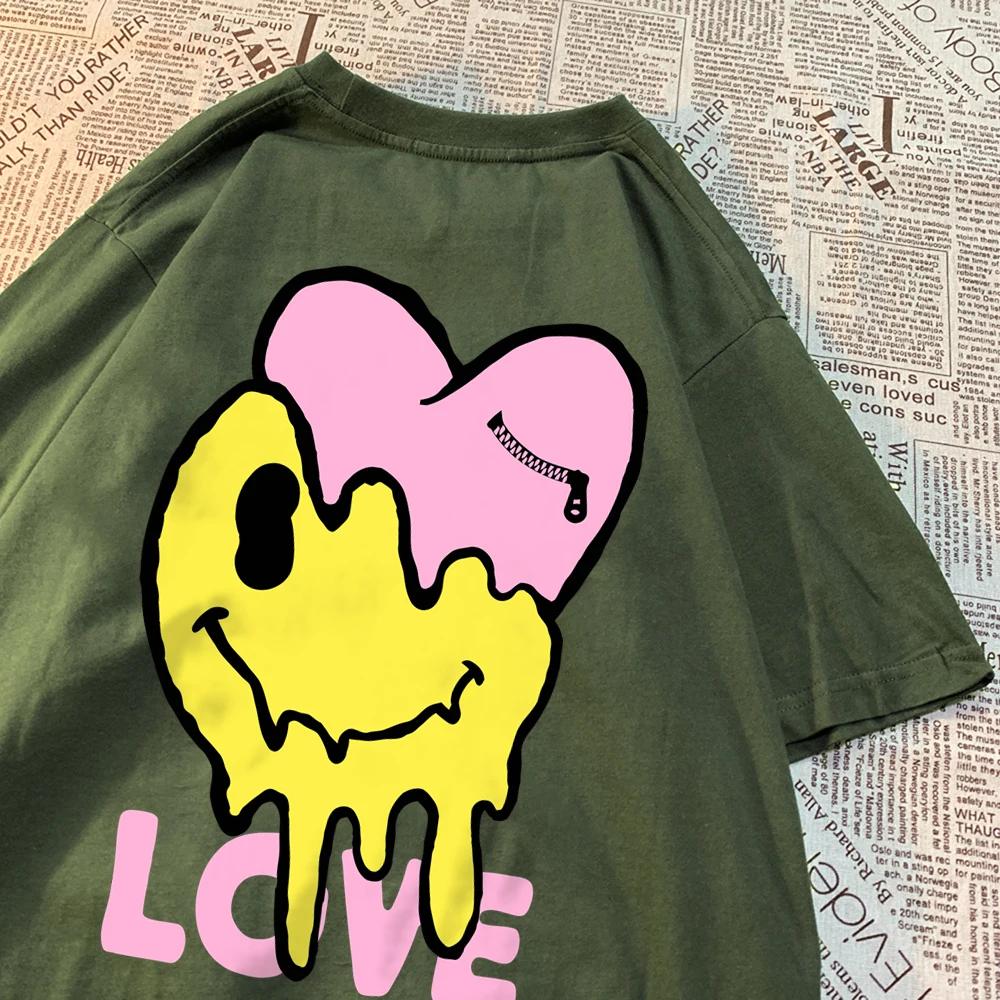 Футболки с надписью «Счастливое лицо и больное сердце», дышащая футболка с круглым вырезом для пары, свободная одежда, летние футболки больших размеров, хлопковая футболка