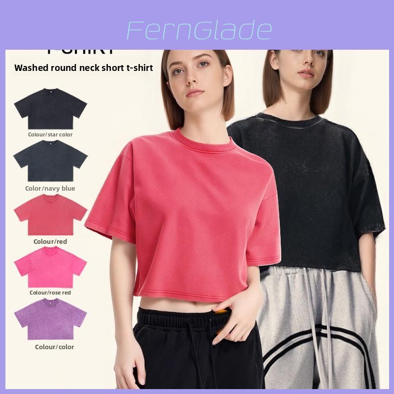 Streetwear Cotton Crop Top Tshirt For Women With Loose Fit And Retro Wash Effect