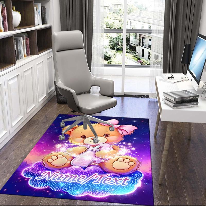 1PC Custom Name Teddy Bear Magic Night Theme Floor Mat Ideal for Living Room, Game Rooms, Office, Bedroom,Floor Mat Playful Design