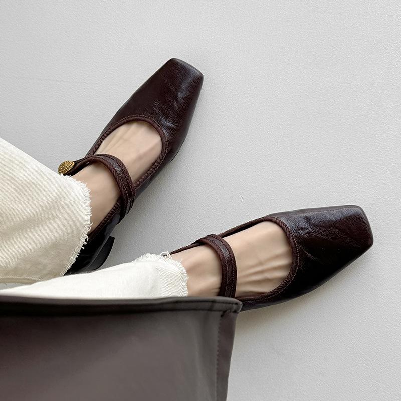 French Maillard Square Head Mary Jane Shoes 2025 Early Spring New Thick Heel One-word Buckle Single Boots Retro Women's Shoes