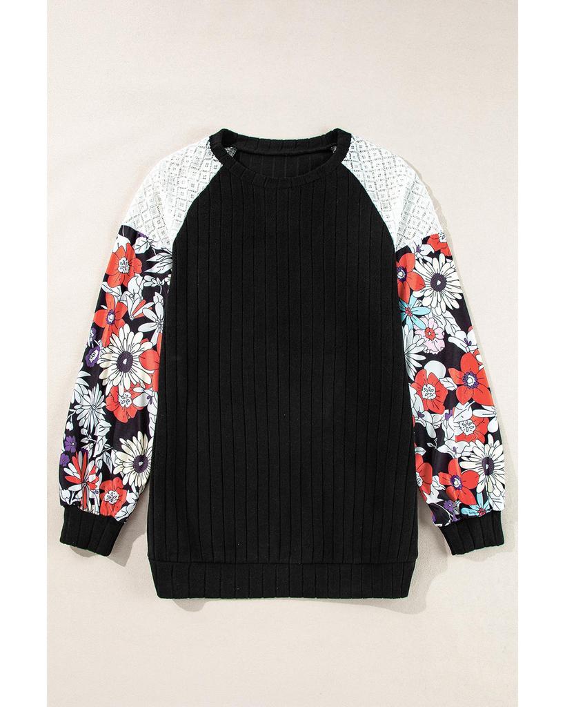 Azura Exchange Черная блузка с длинными рукавами в рубчик с цветочным принтом и лоскутным узором