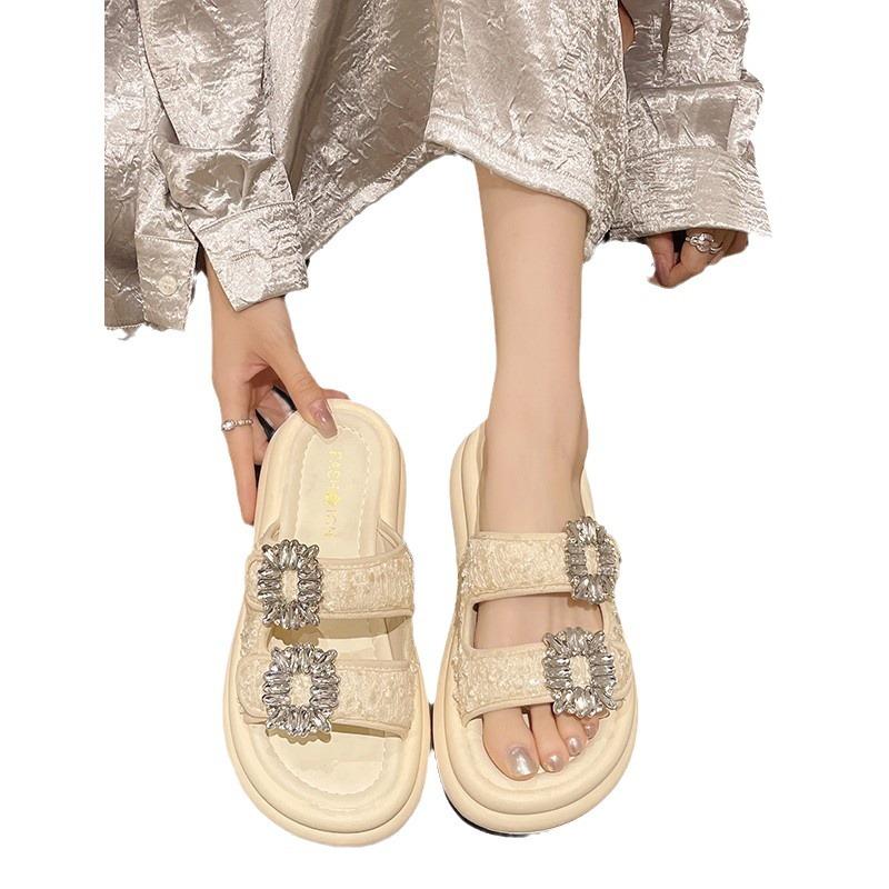 Premium Sense with Diamond Cool Slippers Women's Summer 2024 New Outer Wear Fashionable Thick-soled Sequined Muffin Bottom with Skirt Slippers