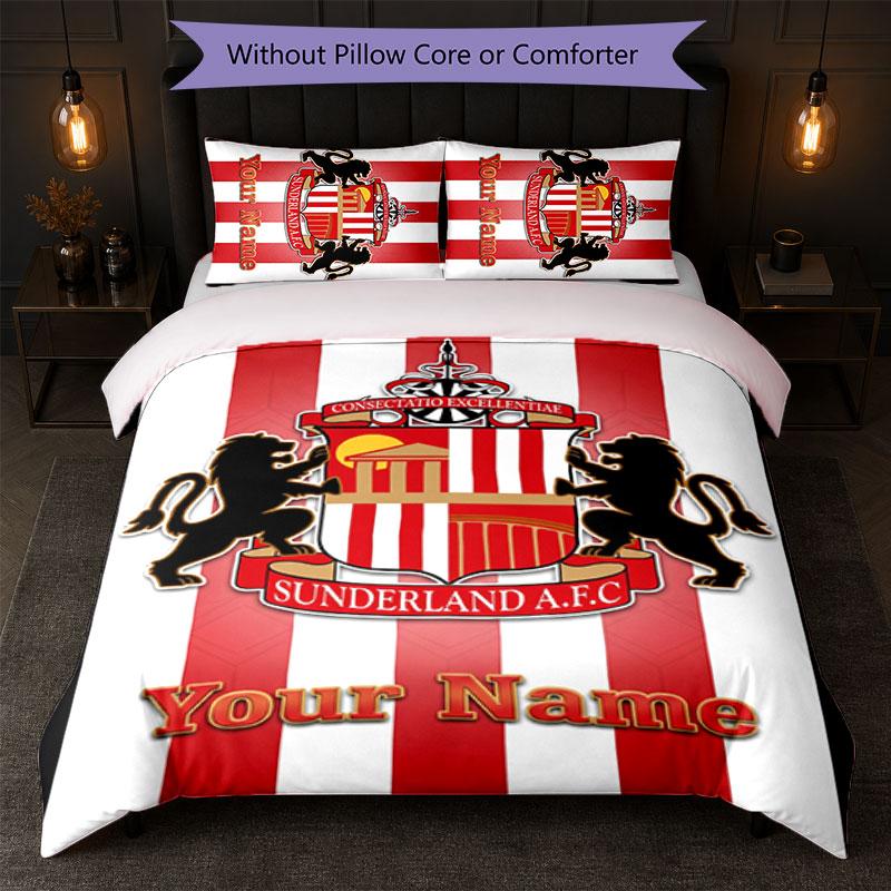 Sunderland FC Custom Name Text Bedding Set 1 Duvet Cover+2 Pillowcases Soccer Logo Personalized Gift For Special Occasion Bedroom Decor