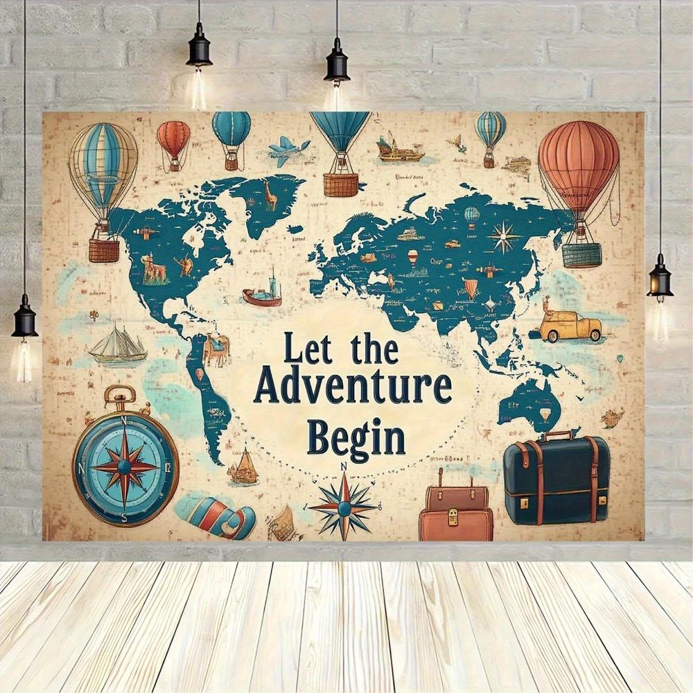 World Map Adventure Compass Airplane Travel Theme Banner Background Christmas Party Home Decoration Photography Backdrop Cloth