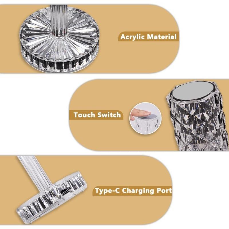 Портативная хрустальная светодиодная настольная лампа, 3 цвета, сенсорное управление, перезаряжаемая лампа, ночник, прикроватная лампа, лампа для столовой (16-цветный)
