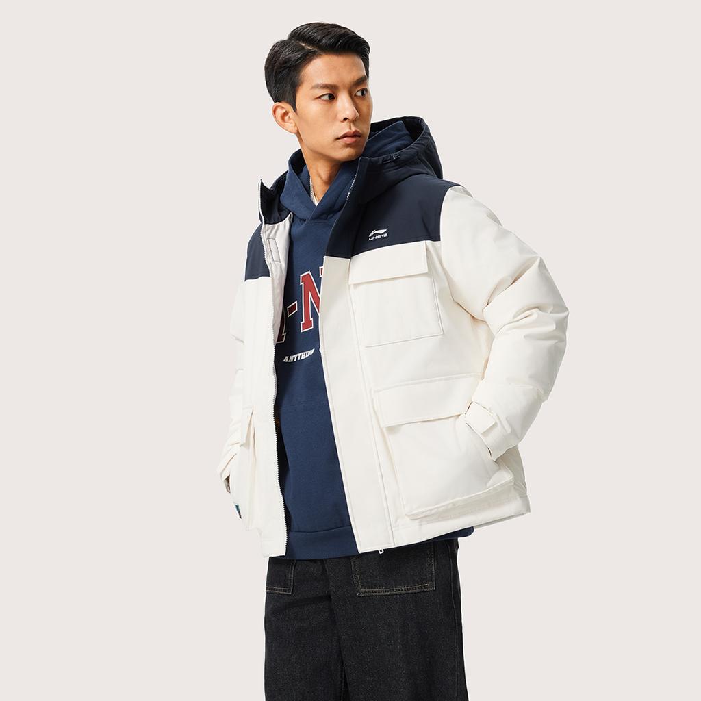 Li Ning Удобная повседневная сшитая универсальная короткая куртка-пуховик для мужчин Верхняя одежда Off-White AYMU363-1