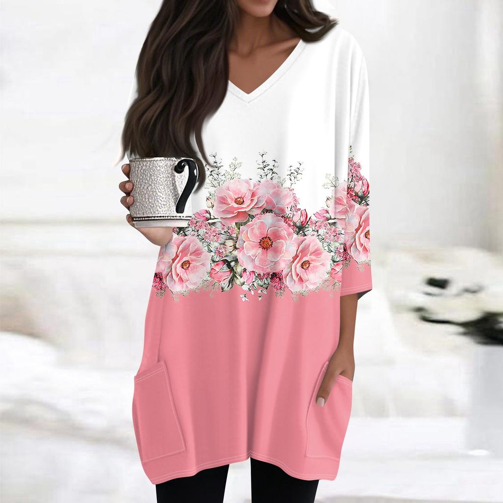 Womens Tops V-neck 3/4 Sleeve Blouses Casual Mid-length Shirts Fashion Print Tunic Tops With Pockets