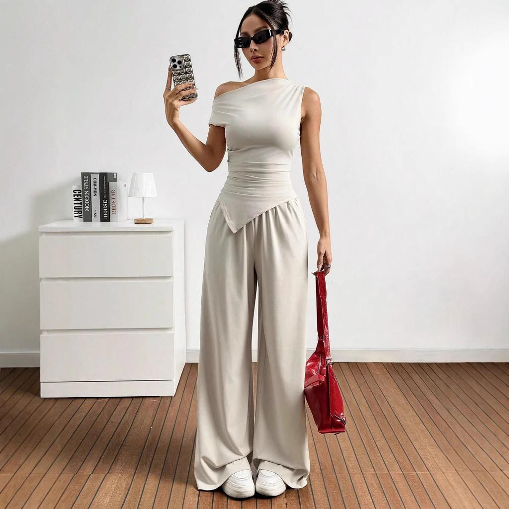 European and American women's clothing solid color sleeveless vest trousers set women's sexy casual two-piece set