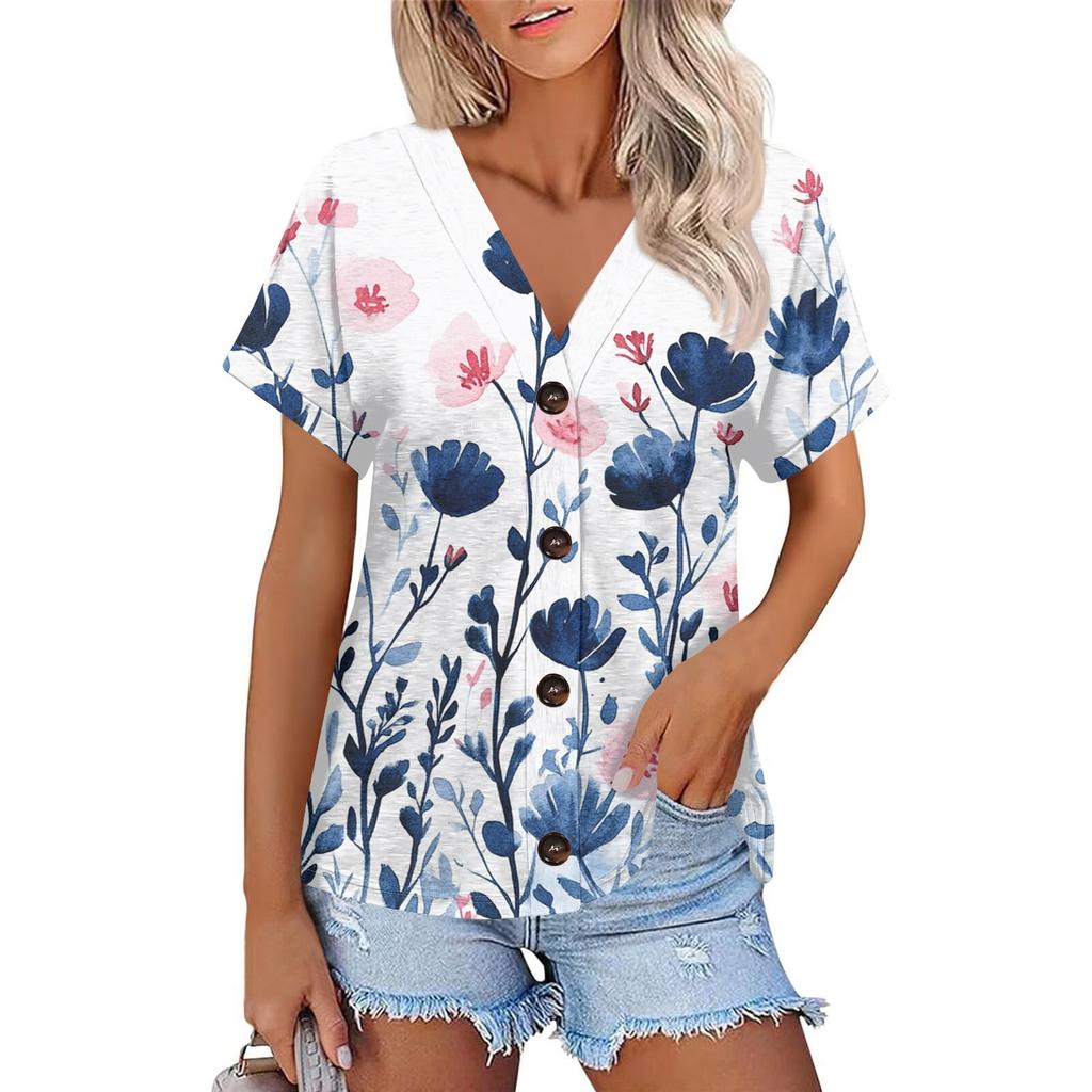 Женская мода с короткими рукавами и V-образным вырезом, повседневная футболка с пуговицами