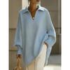Womens Solid Color Long Sleeve Turn-Down Collar Sweater Loose Fit Casual Knit Top