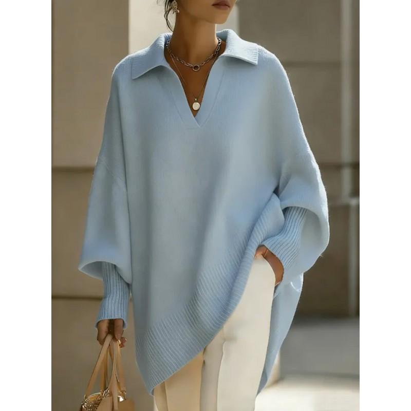 Womens Solid Color Long Sleeve Turn-Down Collar Sweater Loose Fit Casual Knit Top