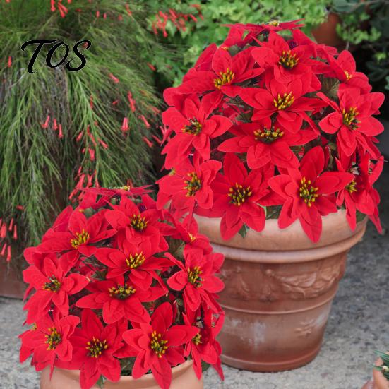 Lifelike Christmas Blooms Artificial Poinsettia Flower Ornaments, Realistic Decorations, Fake Decorative Holiday Flowers with Stake for Party Supplies