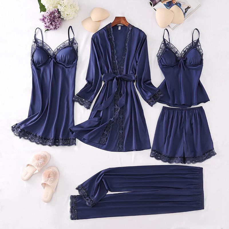 Женский шелковый кружевной пижамный комплект - 5 предметов: ночная рубашка с длинными рукавами, майка и шорты на весну, лето и осень