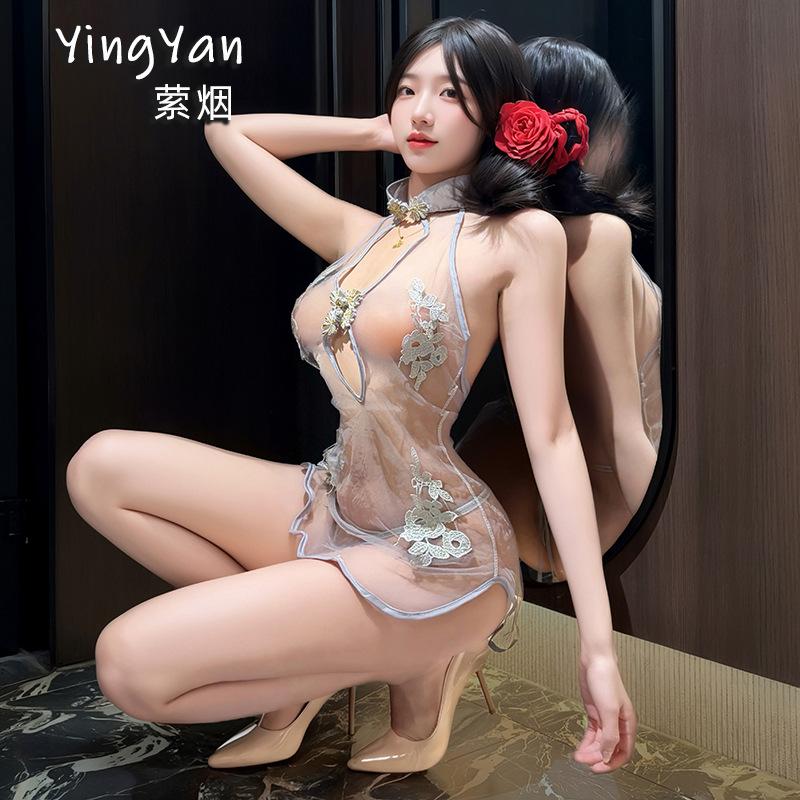 Sex underwear sexy national style classical slit embroidered cheongsam free of temptation uniform mesh perspective neck hanging