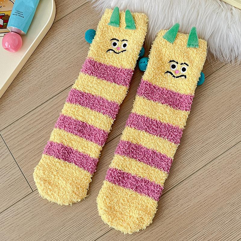 Super Cute Cartoon Socks Medium Tube Socks Season Thickened Warm Coral Fleece Socks Embroidered Expression Floor Sleeping Socks