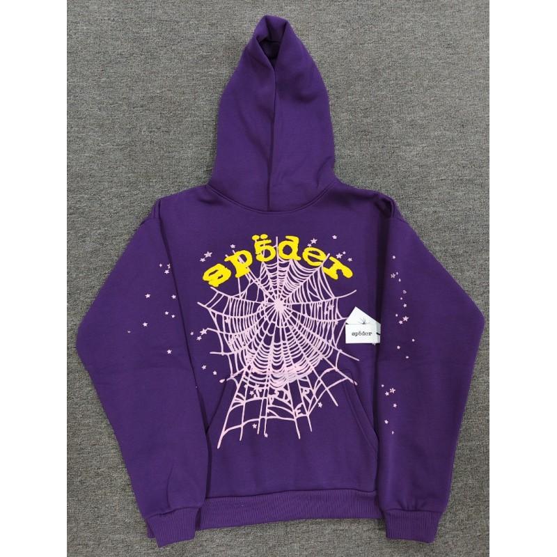 Sp5der Hoodie Oversized Thick Fleece Sweatshirt With Foil Print Spiderweb Design Men Winter Casual Wear