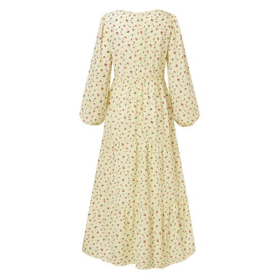 Платье с V-образным вырезом и цветочным принтом, трапециевидной формы, свободный подол, пуловер с длинными рукавами-фонариками, плиссированное женское платье макси с высокой талией