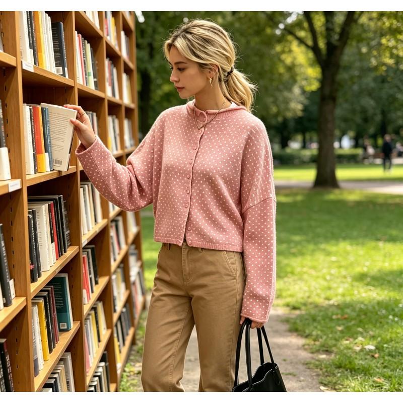 Womens Knit Cardigan With Polka Dot Jacquard Loose Fit Round Neck Short Length Long Sleeve Single Breasted Wool Blend