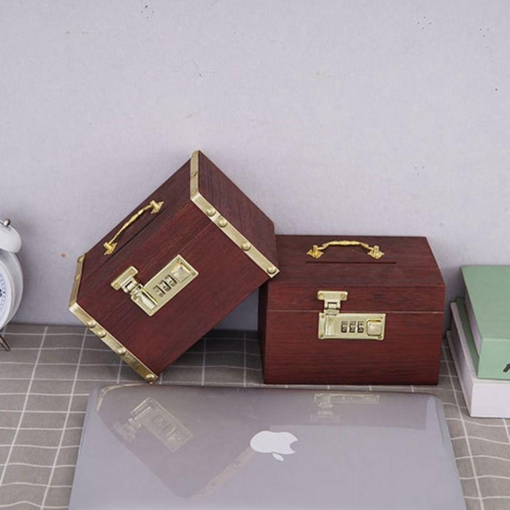 Retro Money Tank Chinese Style Password Lock Money Box Money Tank Wooden Savings Tank  Decorative