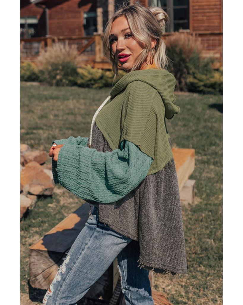 Azura Exchange Лаврово-зеленый смешанный текстурированный цветной пэчворк с широкими рукавами, потертостями, высоким и низким вырезом, капюшоном