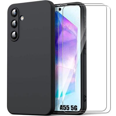 Силиконовый чехол - для Samsung Galaxy A55 5G - Ультратонкий - Защита от царапин - Черный - 2 закаленных стекла