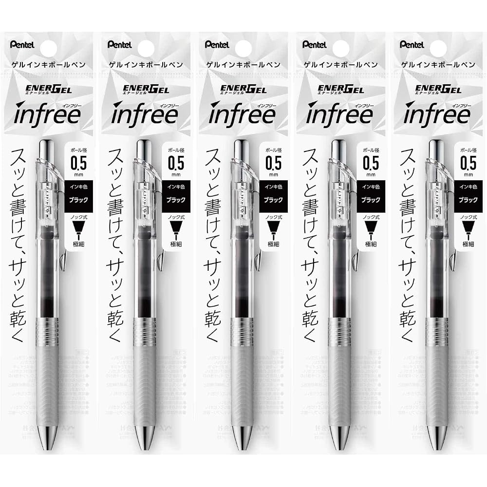 5 шариковых ручек Pentel Гелевые чернила Гель Infree 0,5 мм Прозрачный корпус XBLN75TL-A Черный