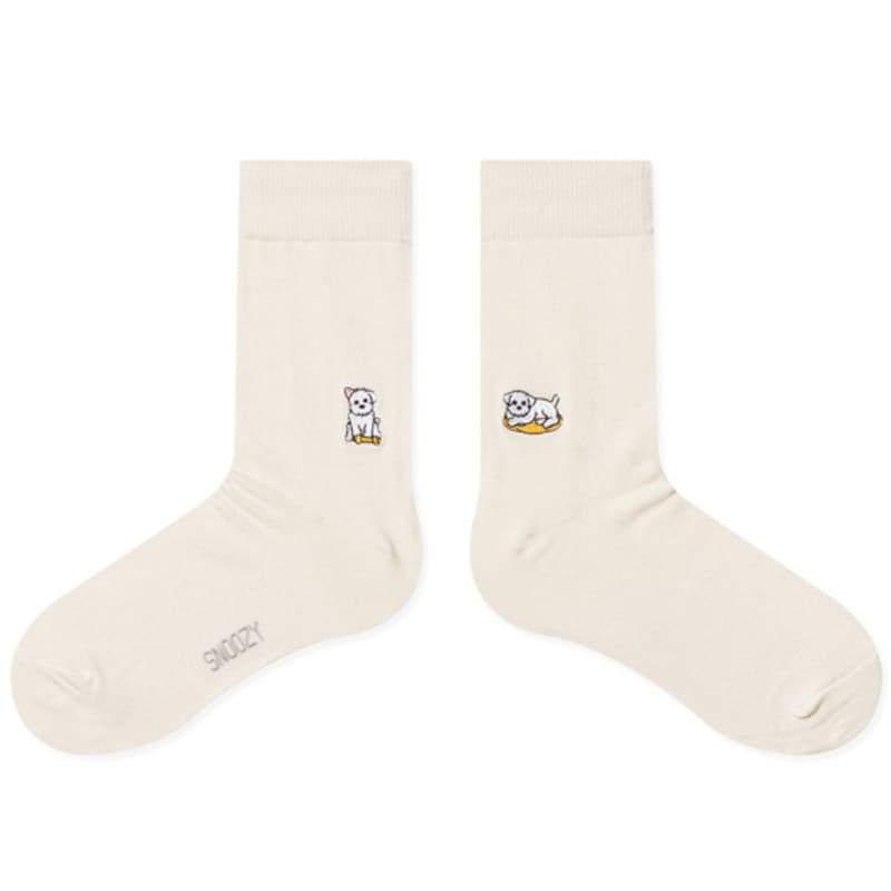 SNOOZY Maltese Puppy Embroidered Socks (Beige)