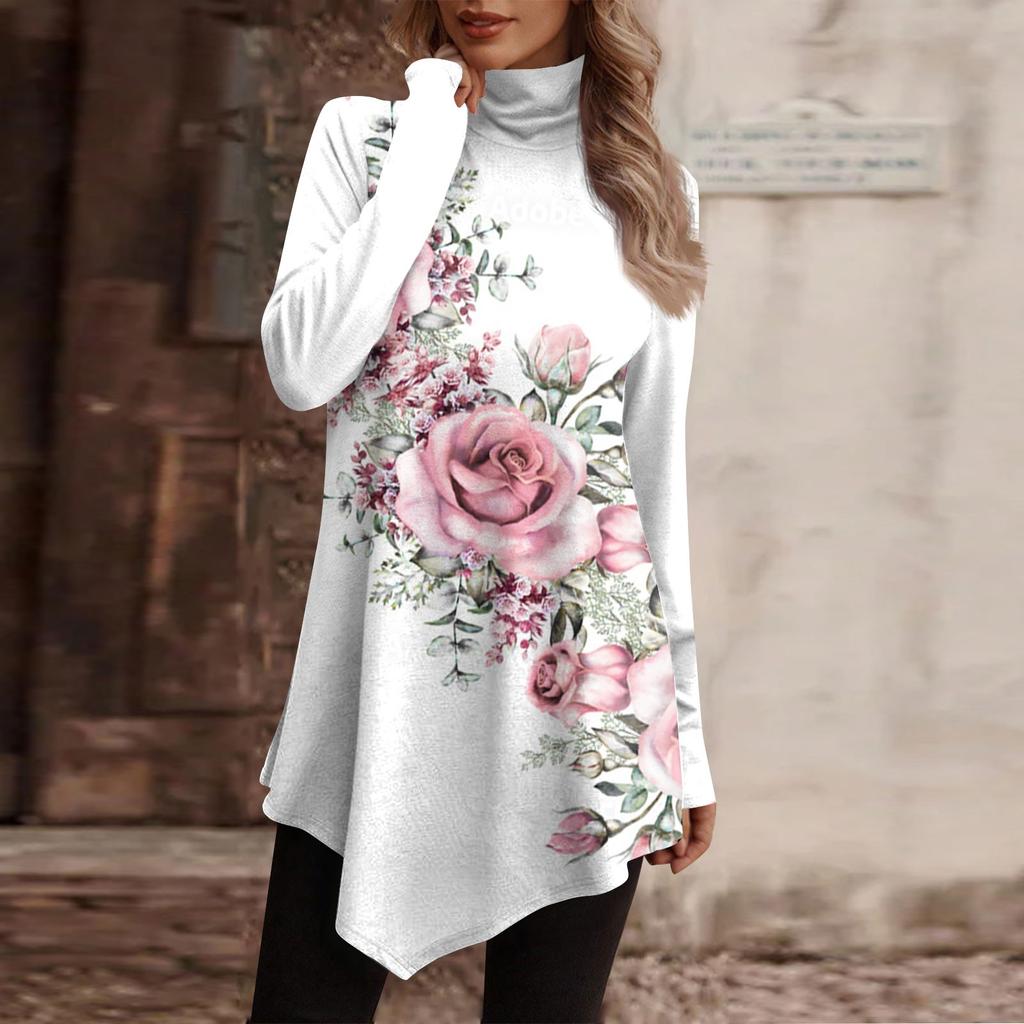 Casual Fashion Floral Print Shirt Tops High Neck Irregular Hem Long Sleeve Pullover Tops