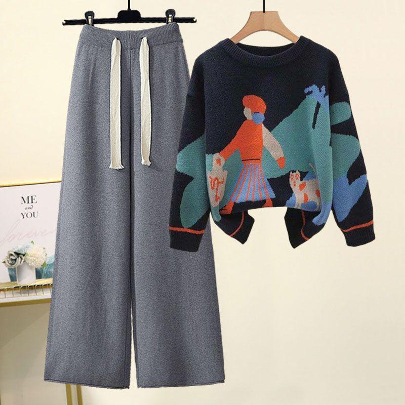 Plus-Size Women's Fashionable Knitted Sweater and Casual Pants Two-Piece Set for Autumn and Winter