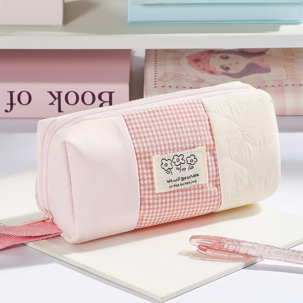 Large Capacity Pen Bag Plaid Color-Blocking Pencil Pouch Stationery Organizer  Back To School