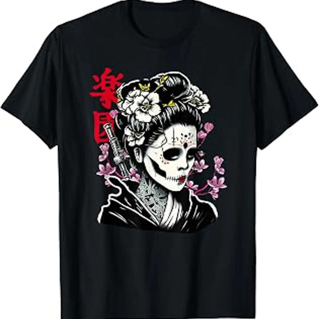 Japanese Geisha Skull Unisex With Sakura Tree T Shirt Vintage Fashion Homme Stretched Designer Clothes Breathable